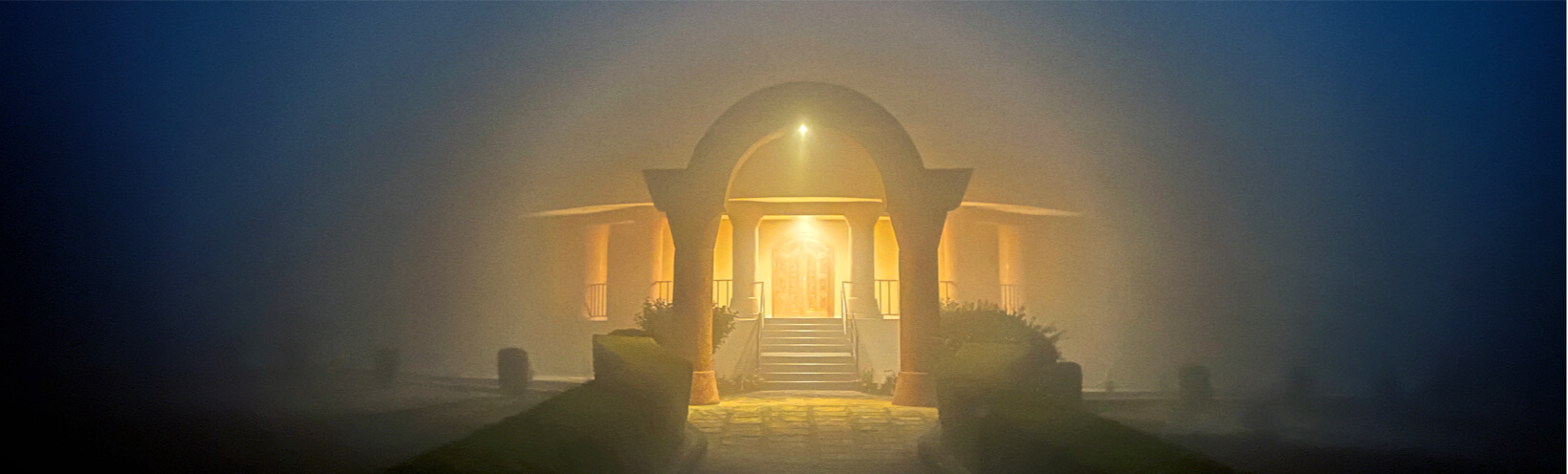 Sri Vidya Shrine Khjuraho Foggy Night khajuarho shrine night foggy banner - Himalayan Institute