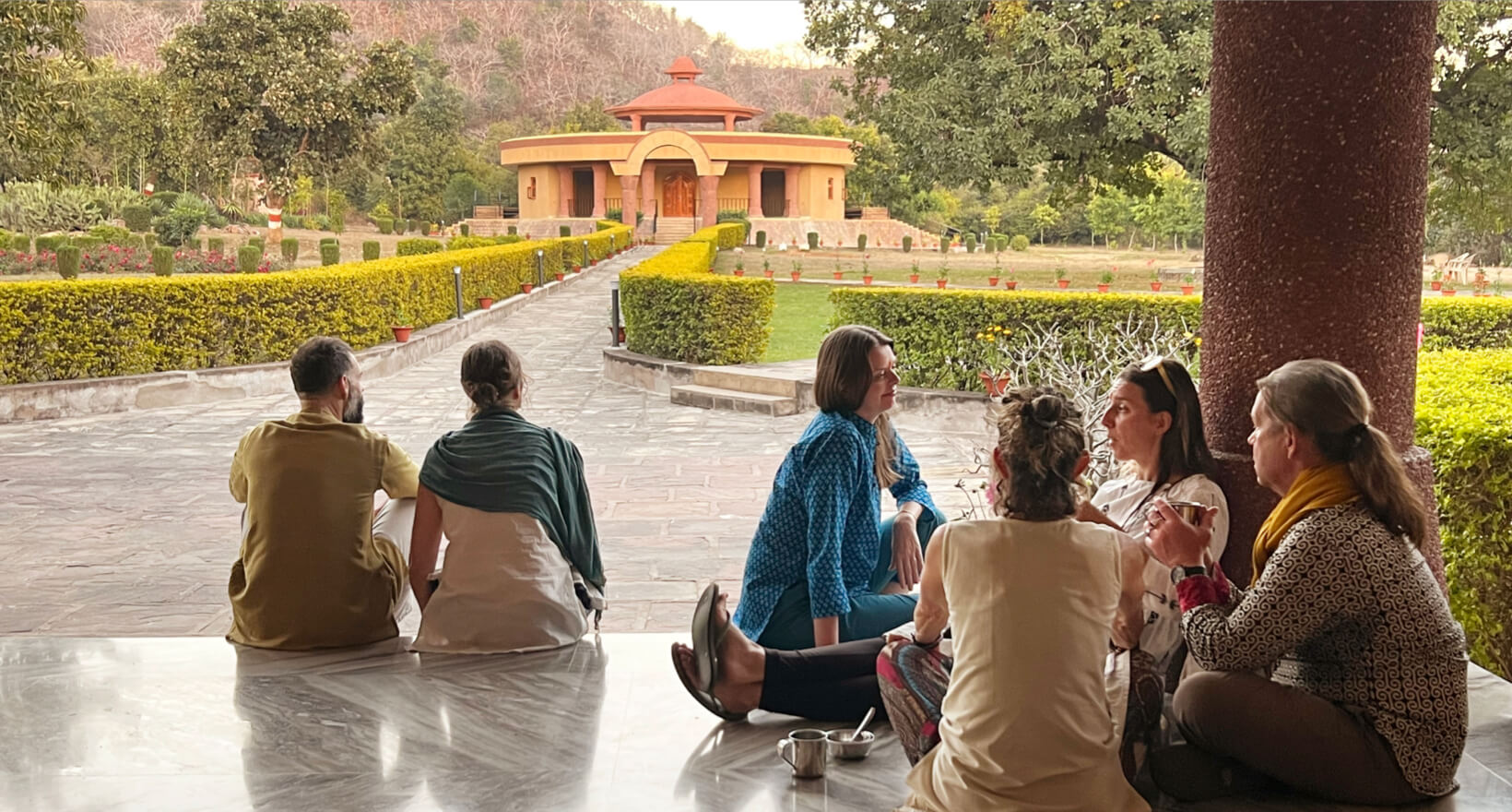 Community Chai Time khajuraho chai front porch inline large - Himalayan Institute