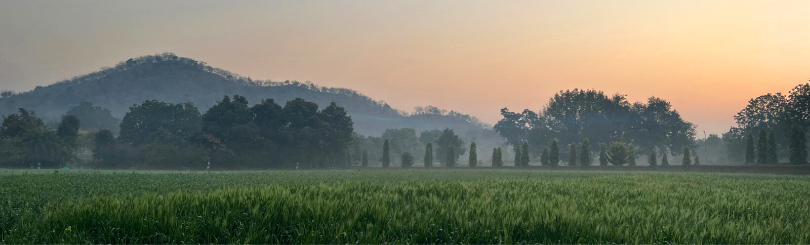 Khajuraho Campus and Siddha Baba Hill khajuraho fields sunset banner - Himalayan Institute